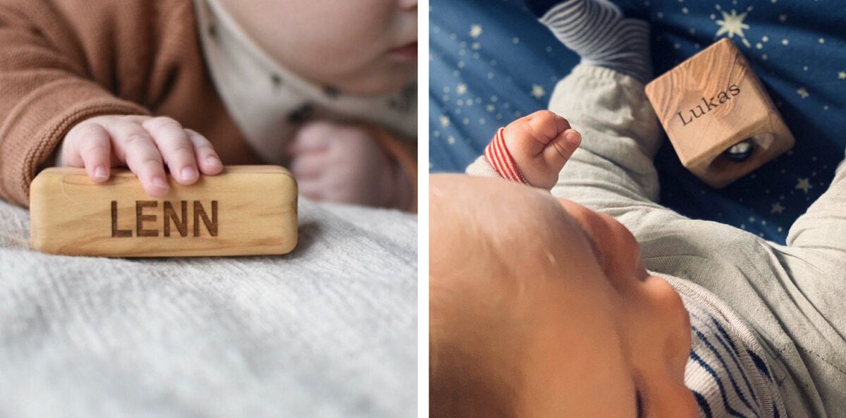 personalisiertes Holzspielzeug für Babys zur geburt mit Namen eingraviert